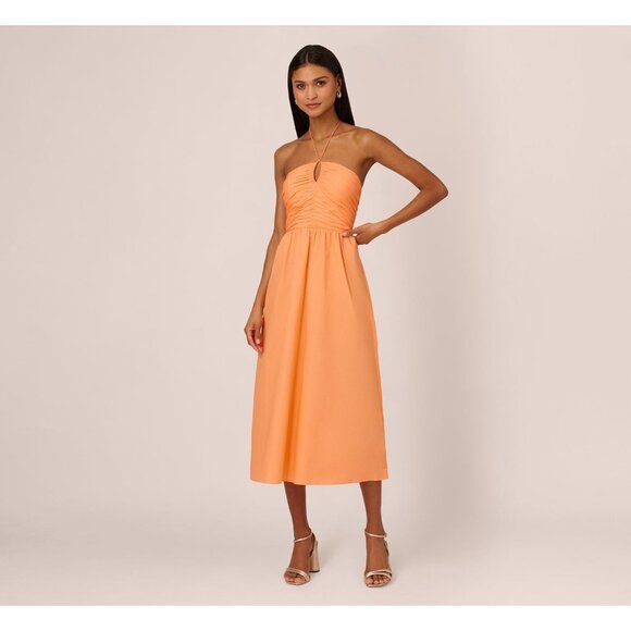 139$ Adrianna Papell Halter Shirred Strapless Midi Dress Size 14 Apricot Sorbet